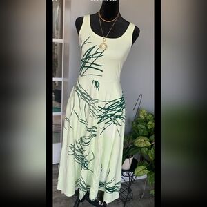 Ann Taylor Pale Lime Green Sleeveless Midi Dress with Dark Green Botanical Print